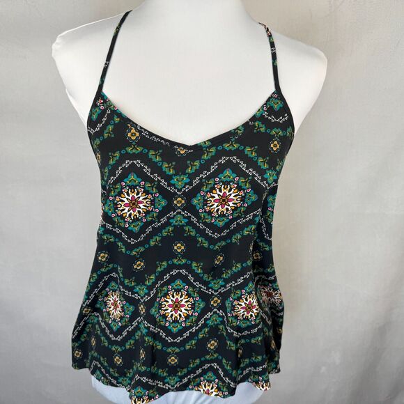Hollister Crop Top Sz XS Black Green Smocked Sleeveless Strapped - Picture 1 of 6